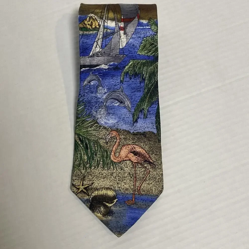 Tropicals by Tango Mens Silk Tie Flamingo Dolphins Sailboat Beach Resort Novelty
